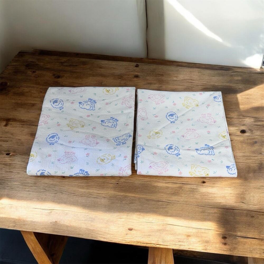 Vintage Baby Receiving Swaddle Blankets Pastel Sheep Flowers Lot 2 25.5”x28”